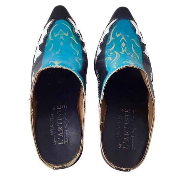 L'Artiste Spring Step Fun Mule Western Sz 37 6.5-7 Black Turquoise Hand Painted - Picture 7 of 12